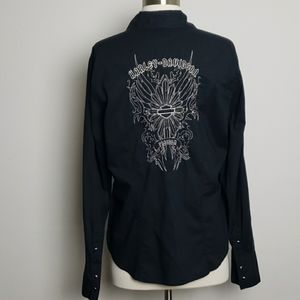 Harley Davidson Women's Black Embroidered Studded Black Snap Button Shirt Size M
